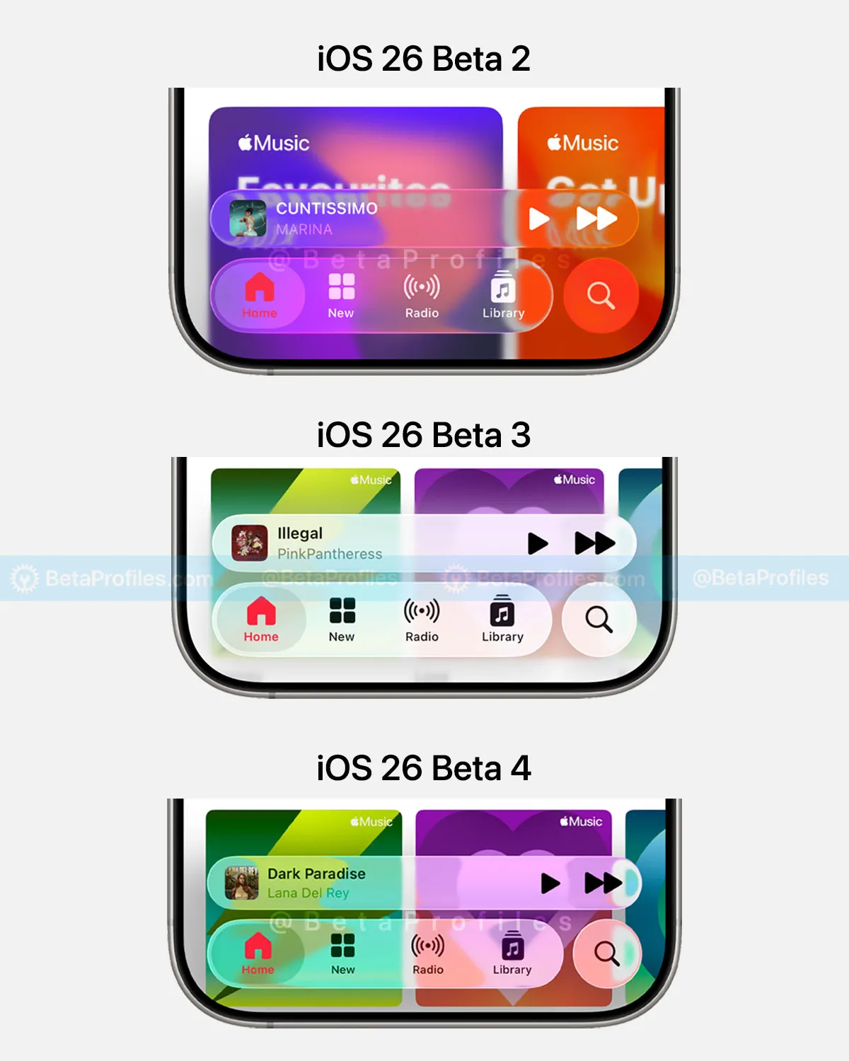 Différents styles d'interface pour Liquid Glass dans les trois dernières versions bêta d'iOS 26