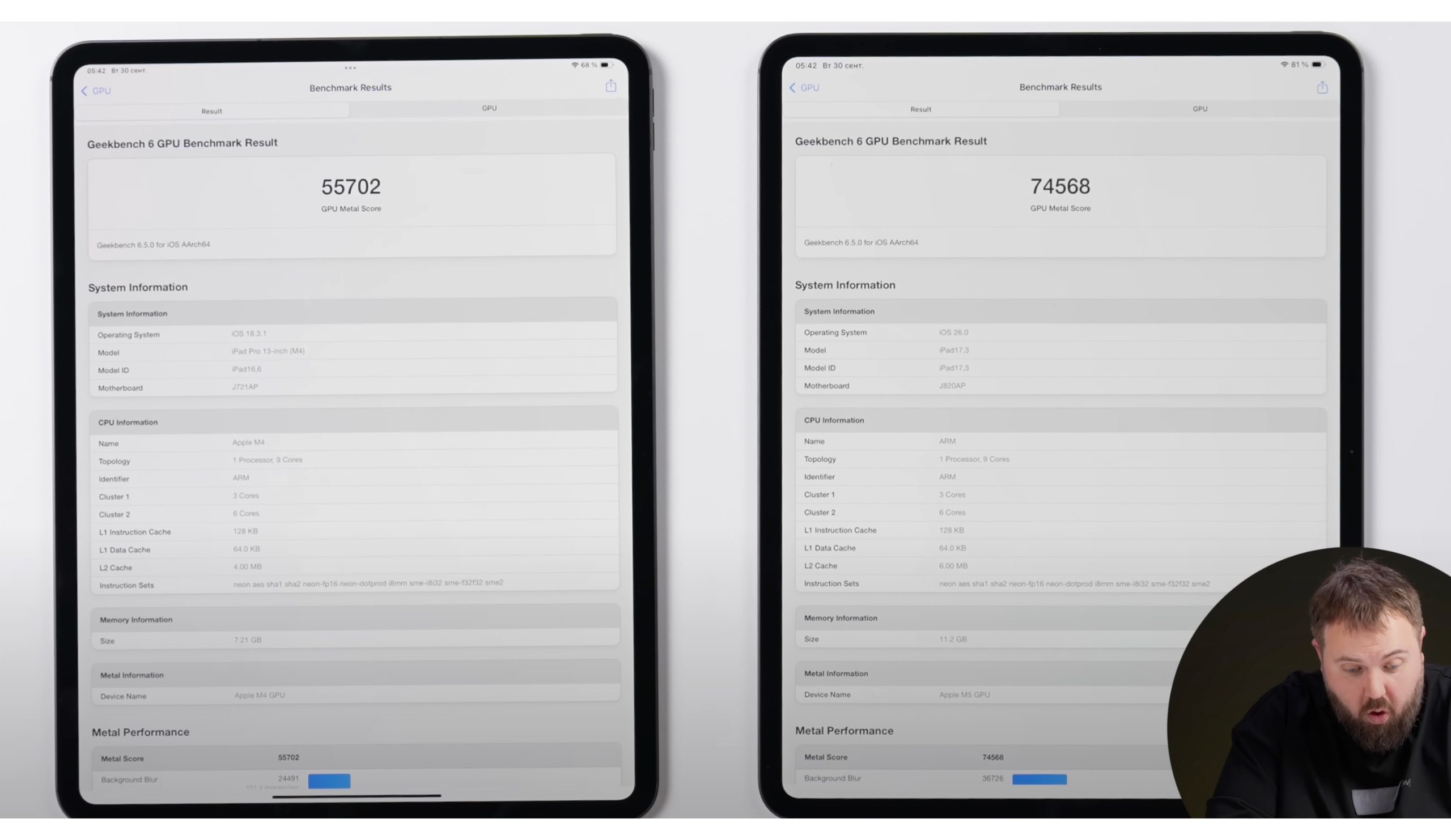 Comparaison des performances GPU dans Geekbench de l'iPad Pro avec M4 et avec M5