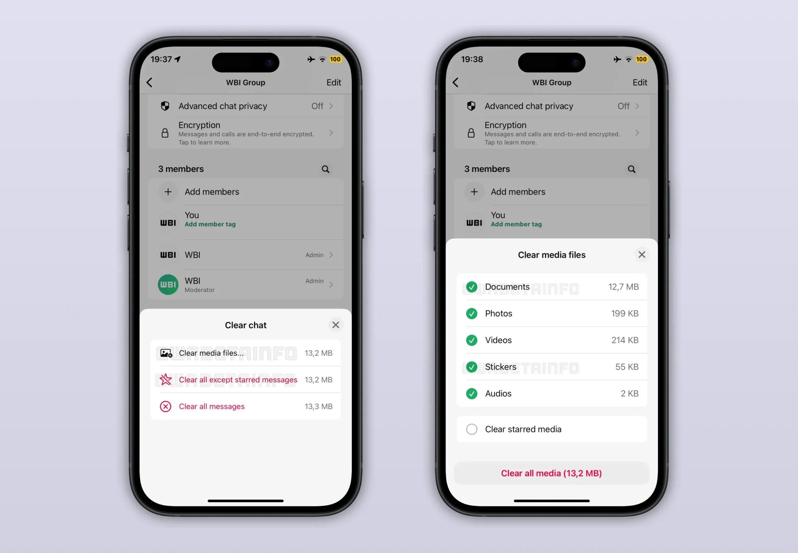 Opciones para borrar ficheros que han llegado a nuestro WhatsApp según el tipo de contenido