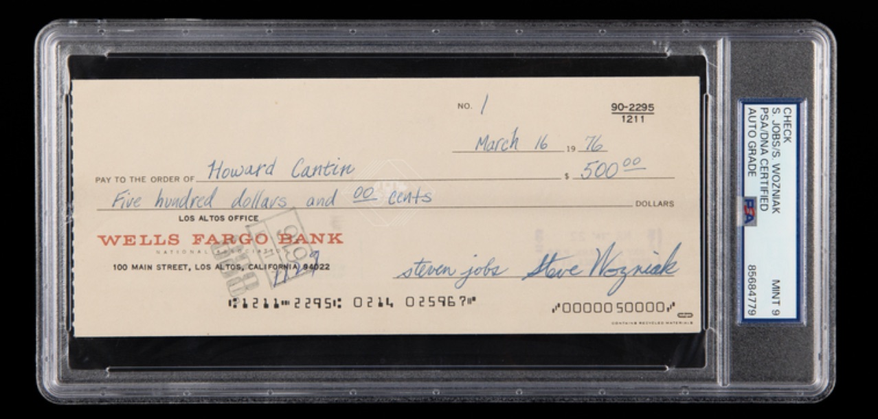 Cheque número 1 de Apple, firmado por Steve Jobs y Steve Wozniak