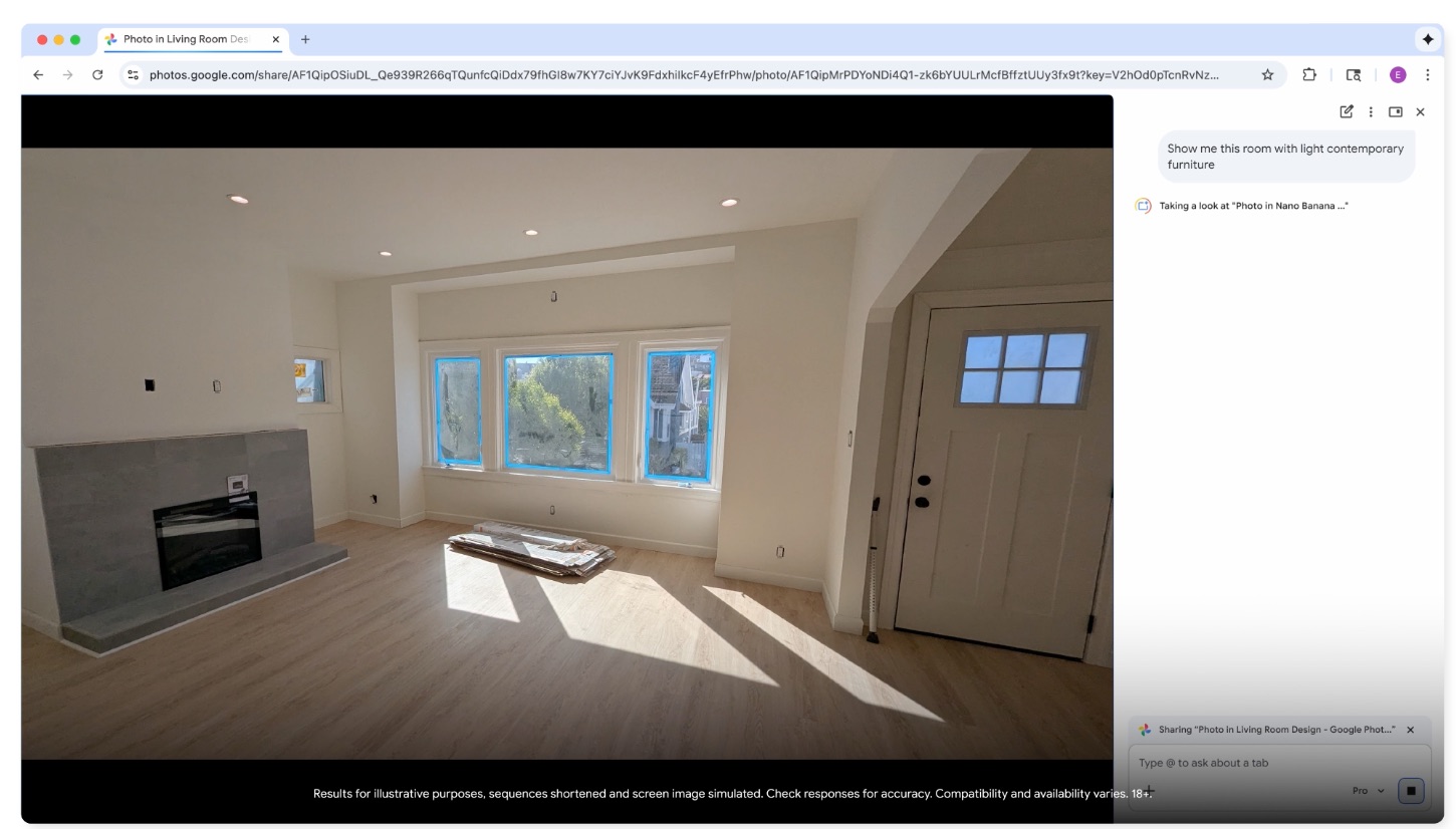 Cambiando la iluminación y los muebles de una habitación con una petición de texto a Gemini dentro de Google Chrome