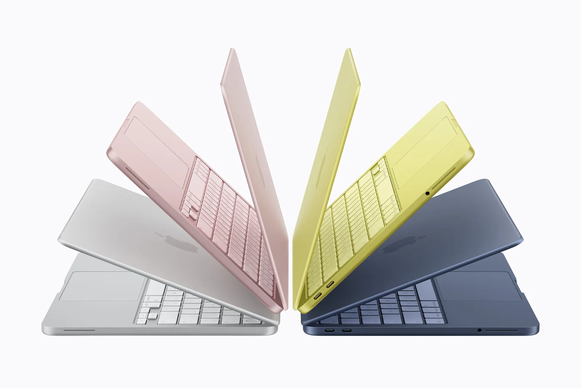 Couleurs du MacBook Neo – Rose nuage, indigo, argent et agrumes