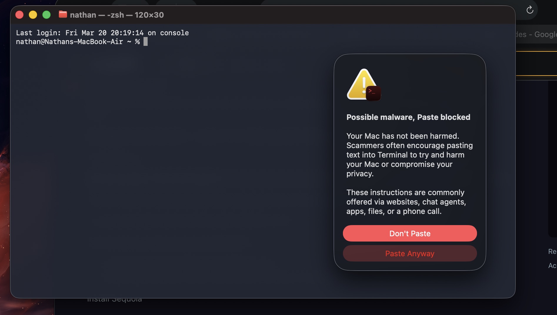 Mensaje de aviso al pegar en Terminal