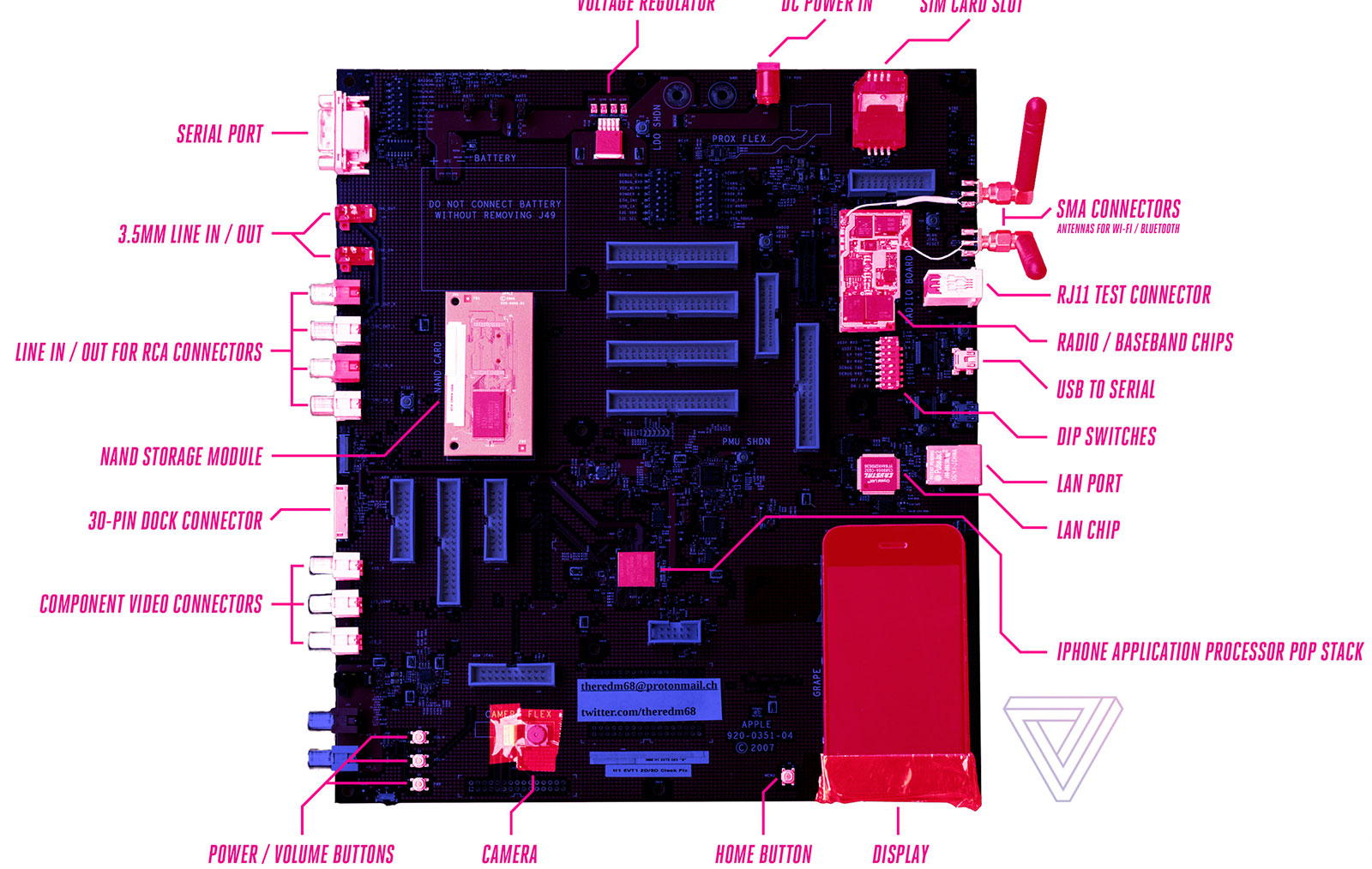 Composants de la carte mère d'un prototype d'iPhone