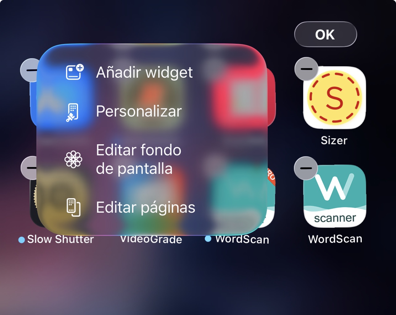 Menú de editar personalización de la pantalla de inicio de iOS 26