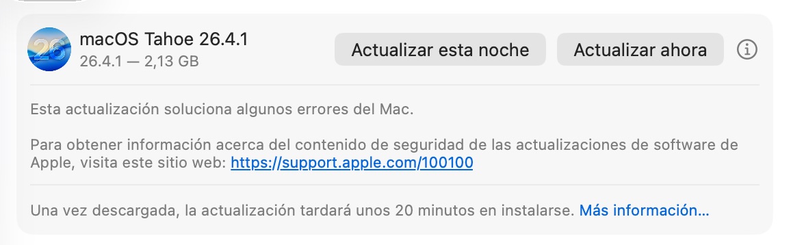 Actualización a macOS Tahoe 26.4.1 ya disponible