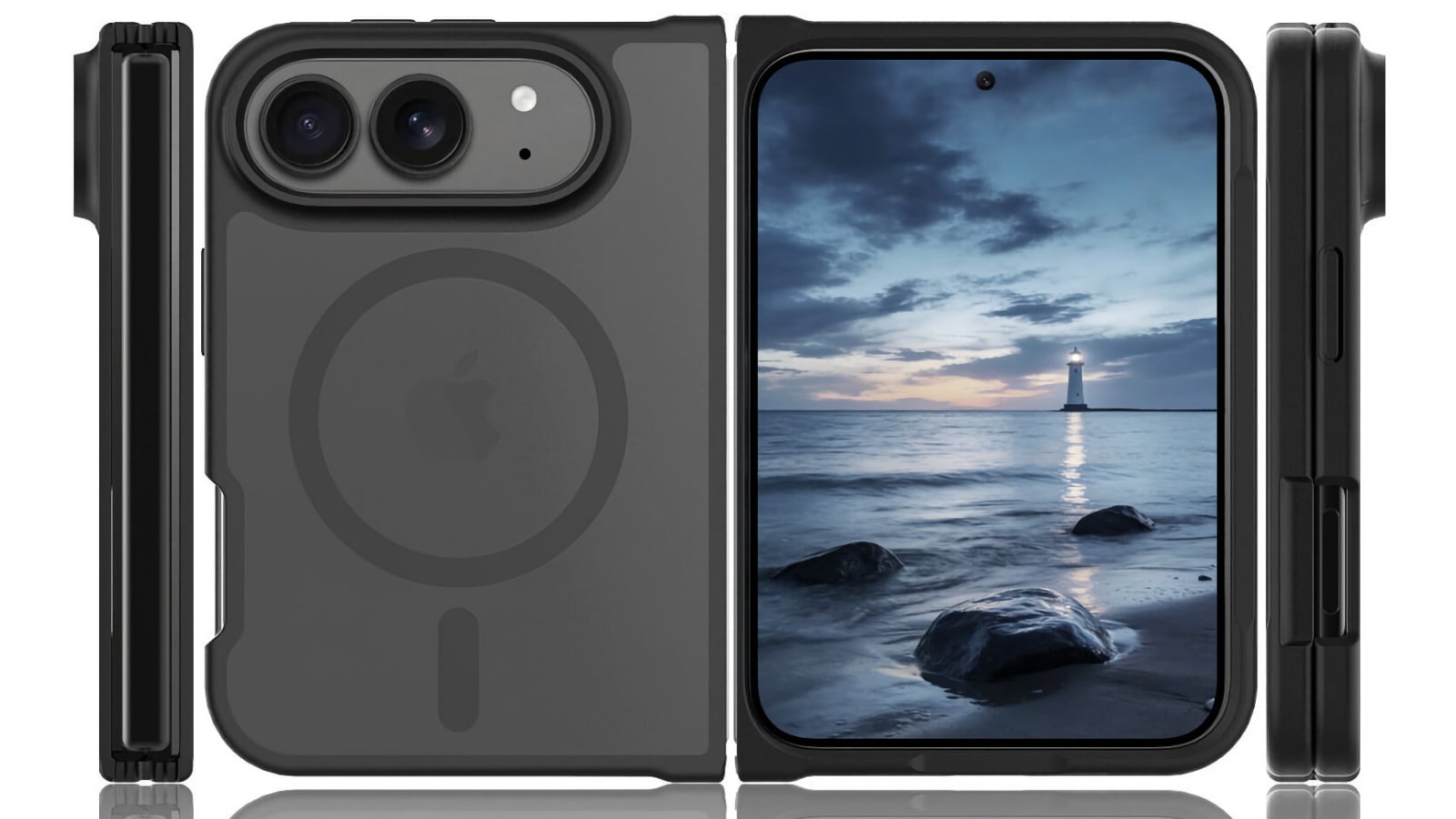Image générée par ordinateur de ce qui est censé être une coque transparente pour le nouvel iPhone pliable d'Apple
