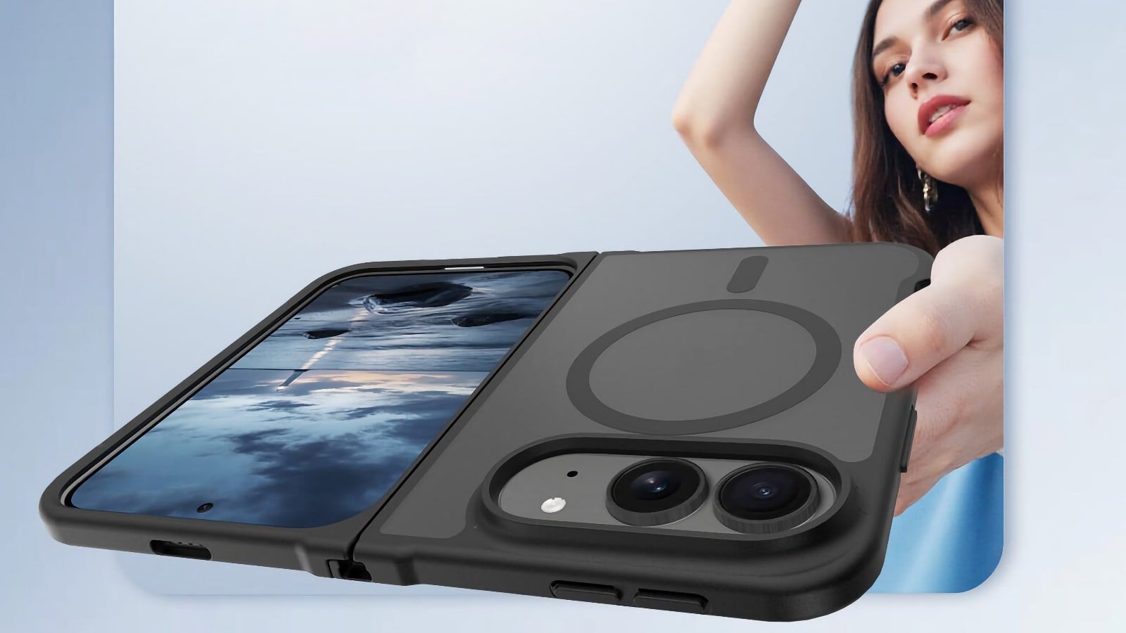 Imagen generada por ordenador de lo que se supone es una funda transparente para el nuevo iPhone plegable de Apple
