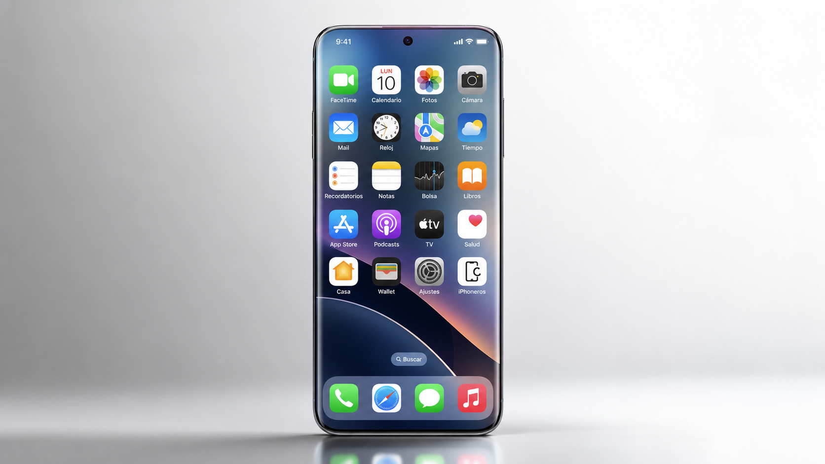 Concepto de diseño de un hipotético iPhone sin bordes en el que todo el frontal es pantalla, que termina en curva en cada borde