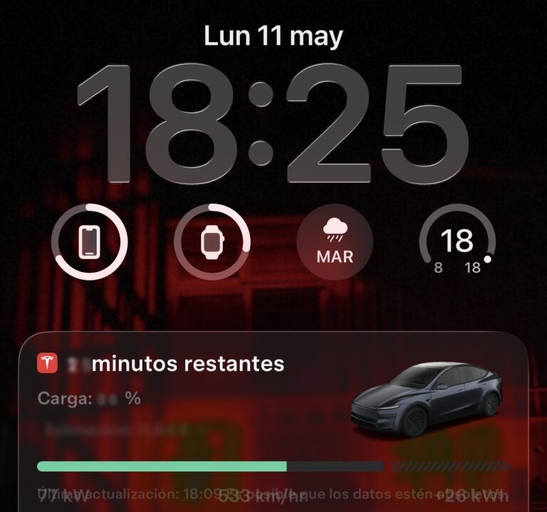 Live Activities mientras se carga un coche de Tesla, te indican los minutos que falta para que termine la carga