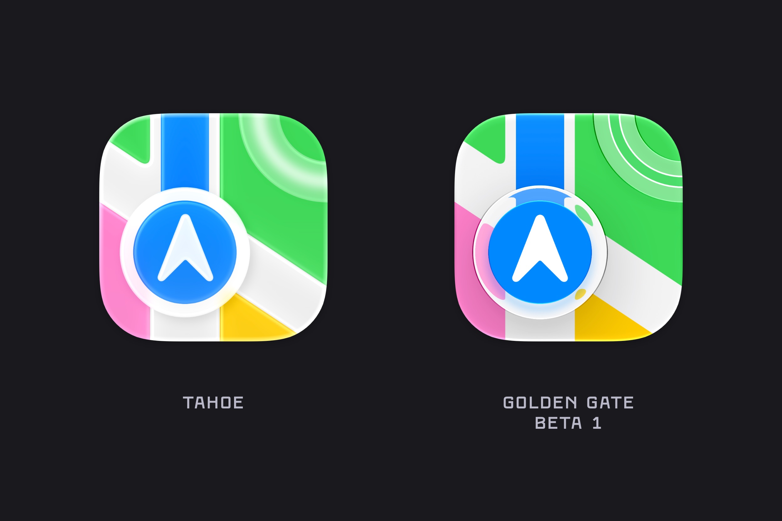 Comparaison des icônes Apple Maps entre macOS 26 Tahoe et macOS 27 Golden Gate