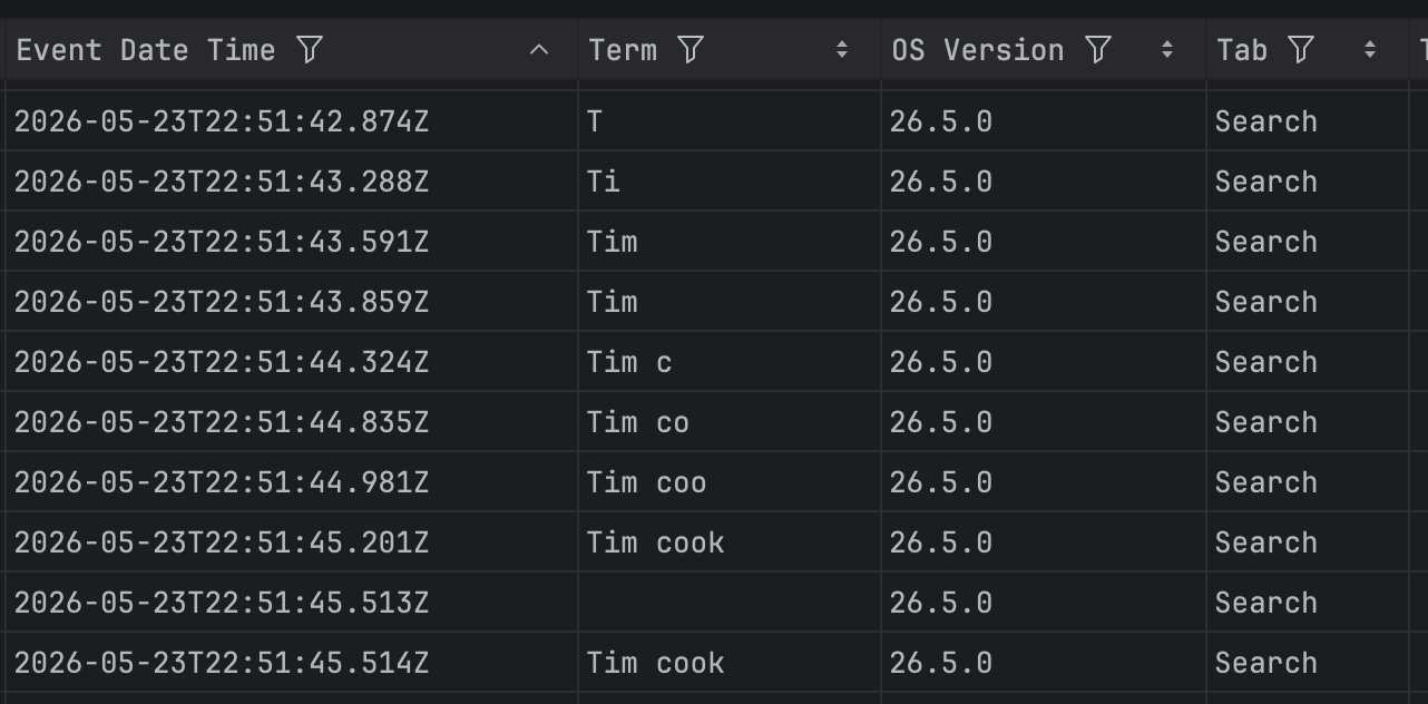 Enregistrement de chacune des touches qui ont été enfoncées pour rechercher Tim Cook dans l'App Store