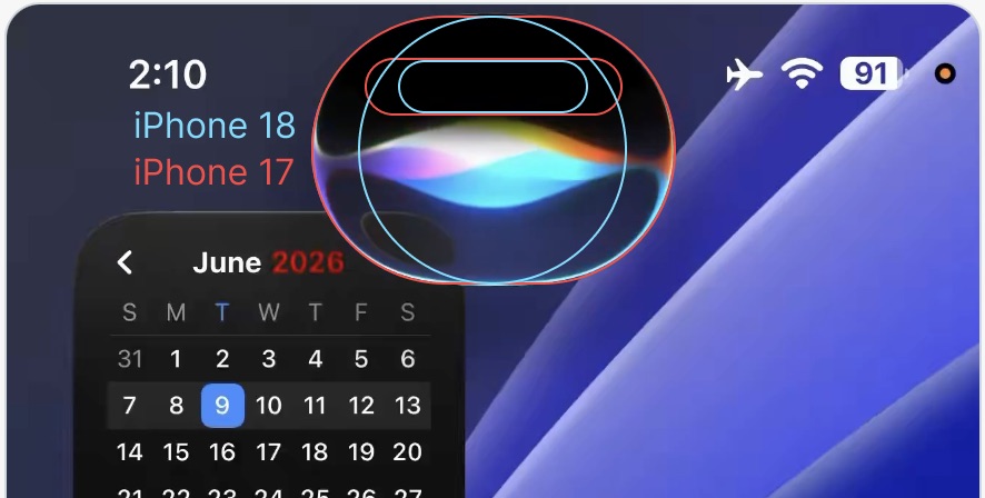 Différents aspects de la bulle Siri AI sur Dynamic Island sur l'iPhone 17 et un hypothétique iPhone 18 avec une Dynamic Island plus courte