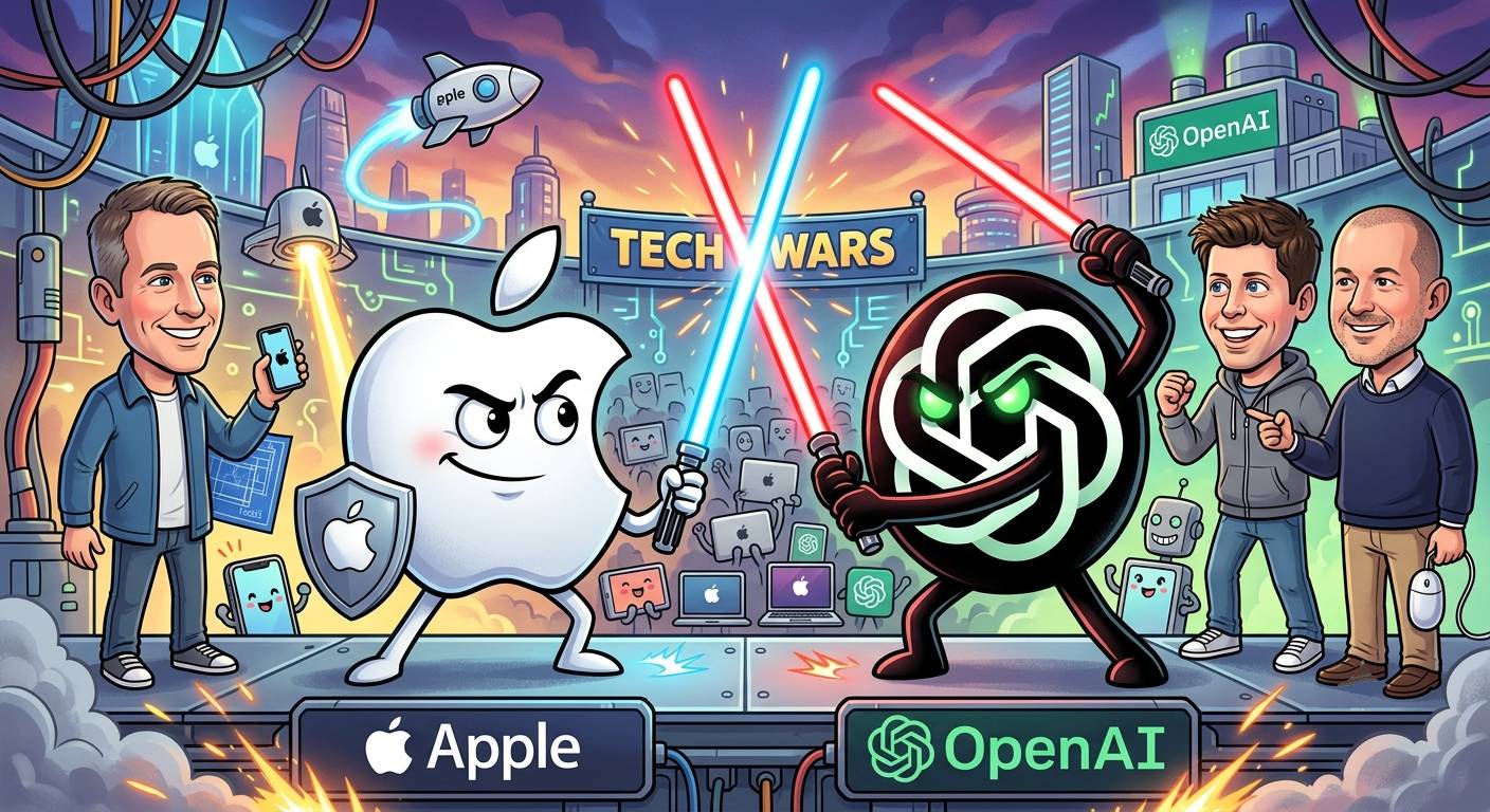 Apple contra OpenAI, con John Ternus a un lado, y Sam Altman y Jony Ive al otro