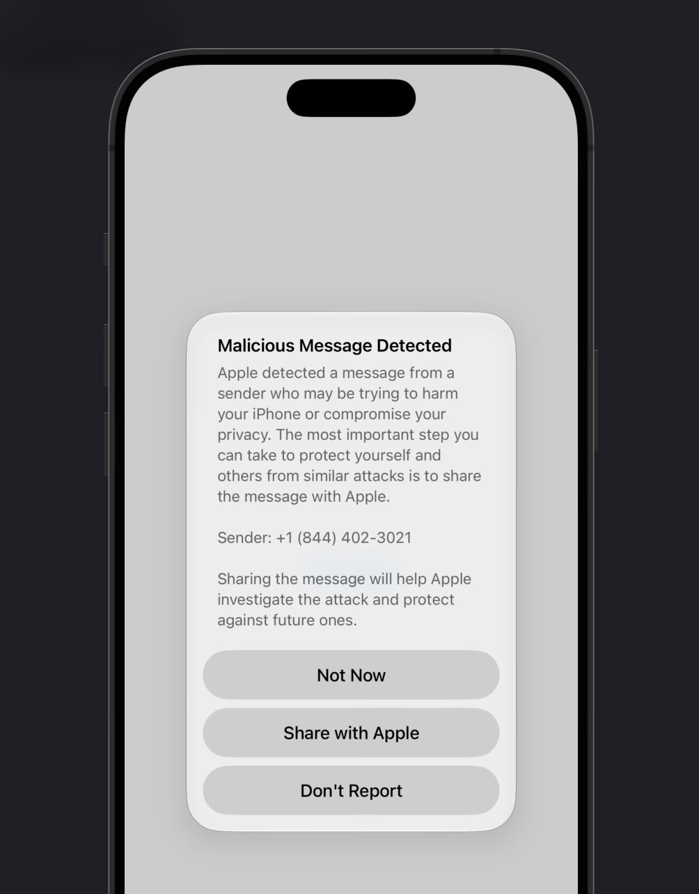 Message Apple demandant de partager un message SMS potentiellement malveillant