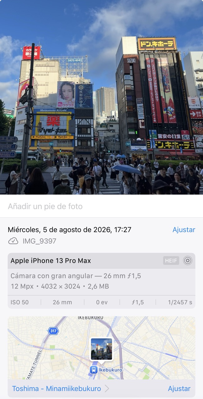 Photo iPhone avec une partie des données EXIF affichées à l'écran, bien qu'il y en ait beaucoup plus enregistrées