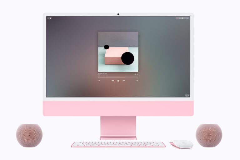 iMac con HomePod mini 2 como altavoces externos conectados