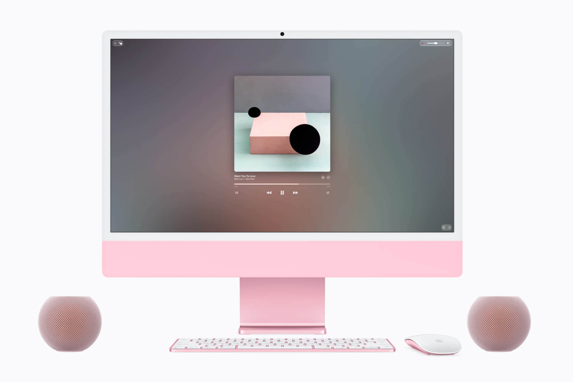 iMac avec HomePod mini 2 comme haut-parleurs externes connectés