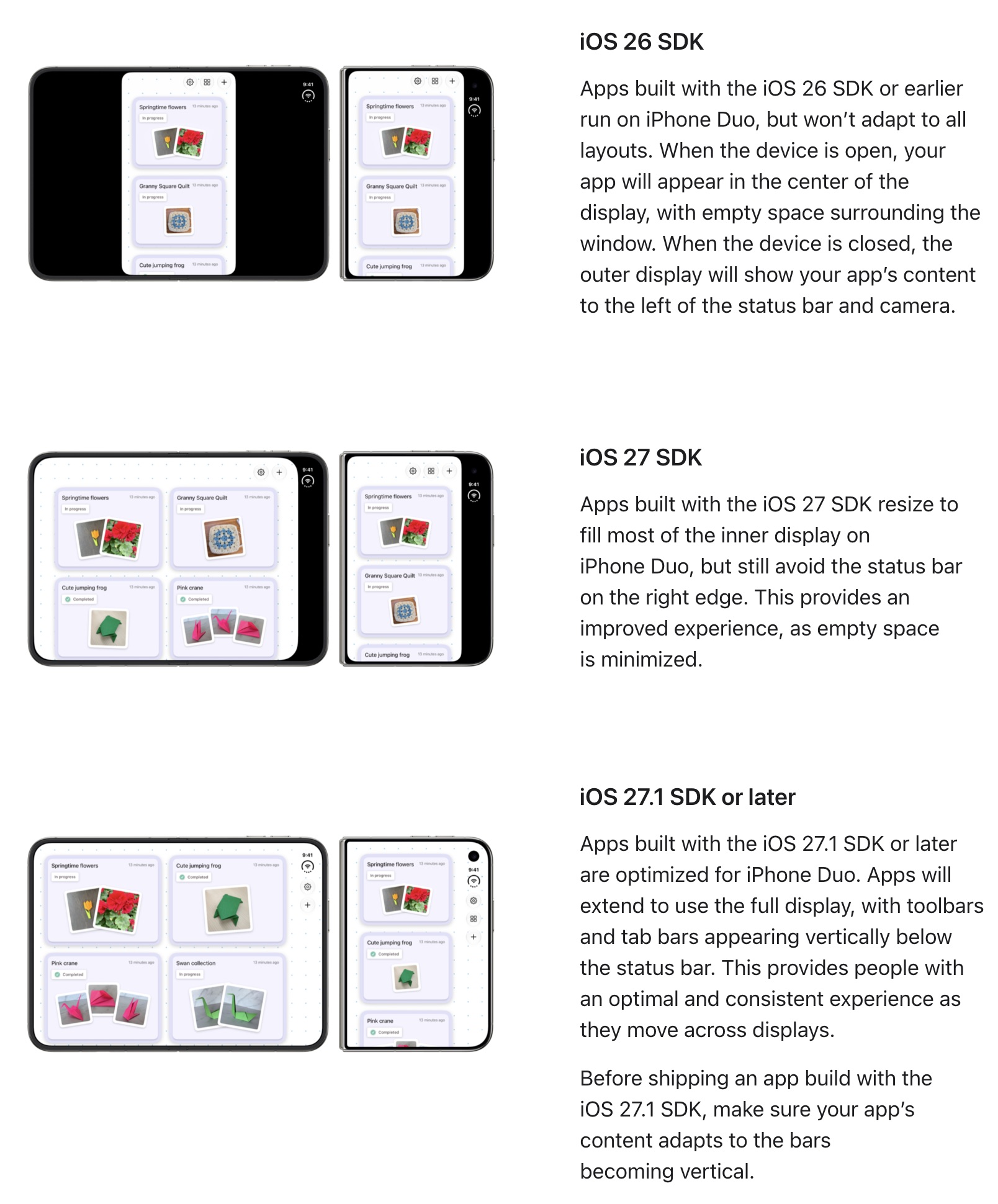 En fonction du SDK utilisé pour compiler, nous pouvons réaliser différentes adaptations des applications aux écrans de l'iPhone Duo