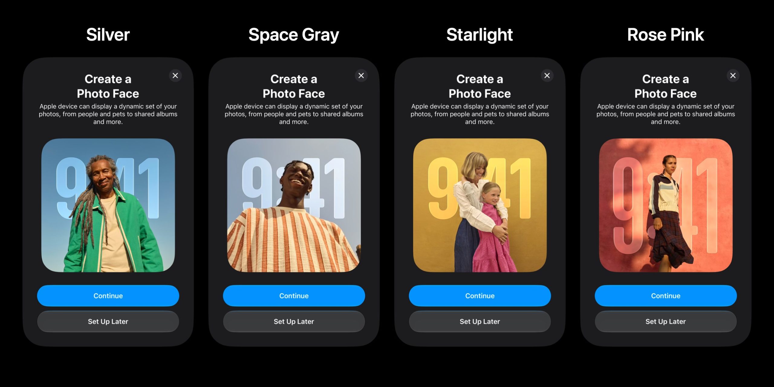 Posibles colores del HomePad, según la propia Apple asocia a cada Photo Face que podría aparecer en la pantalla de bloqueo